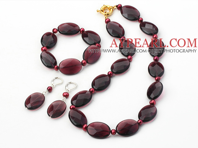 Fashion Red Freshwater Pearl Oval Wine Red Crystal Set (Necklace Bracelet With Matched Earrings)