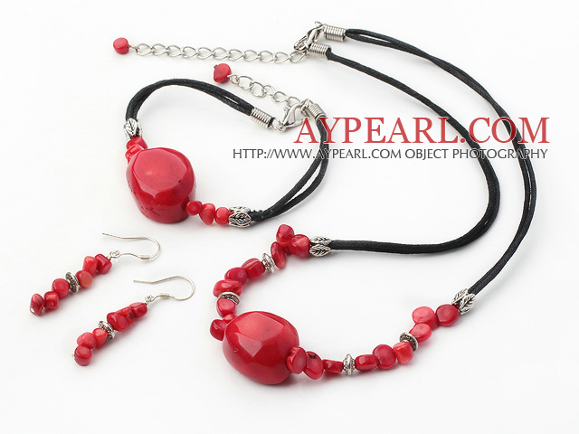 Simple String&Strand Red Coral Set(Necklace, Bracelet And Matched Earrings)