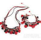 Fashion Multi Red Coral And Black Agate Threaded Crystal Jewelry Sets (Necklace With Matched Bracelet)