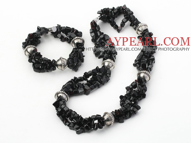Natural Black Chip Stone Set(Necklace With Matched Bracelet)