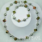 Wholesale Natural Rhombus Green Piebald Stone With Metal Charm Necklace Bracelet Set
