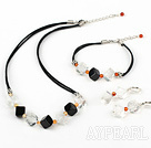 Elegant Rhombus Black Agate And White Crystal Set With Black Cord (Necklace Bracelet With Matched Earrings)