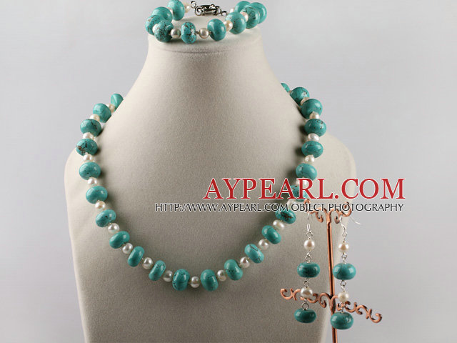 turquoise and white pearl necklace bracelet earrings set