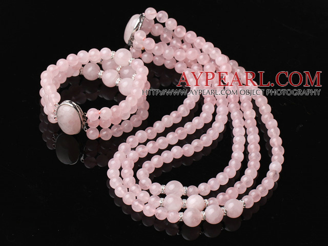 Elegant Design Three Strands Round Rose Quartz Beaded Jewelry Set (Necklace with Matched Bracelet)