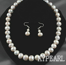 12-14mm Natural White Freshwater Pearl Set ( Beaded Necklace and Matched Earrings )