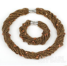 multi strand brown glass beads pearl necklace bracelet set with magnetic clasp