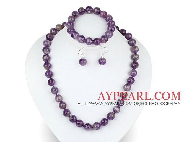 12mm faceted natural amethyst ball necklace bracelet and earrings set