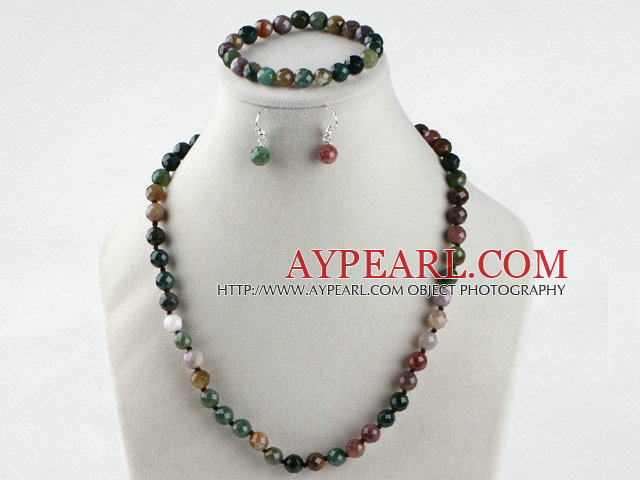 8mm faceted indian agate ball necklace bracelet earrings set