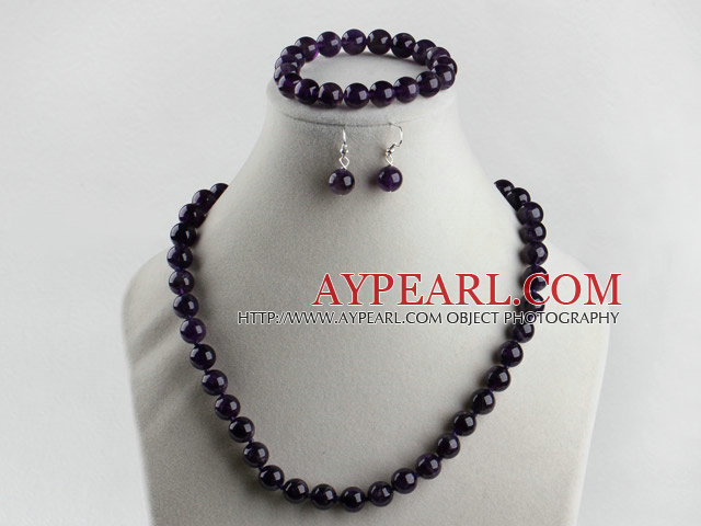 10mm natural amethyst ball necklace bracelet earrings set