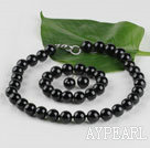 Wholesale 14mm black agate ball necklace bracelet earrings set