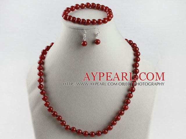 8mm red agate ball necklace bracelet earrings set
