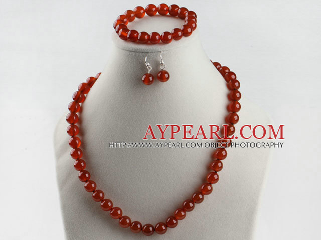 10mm red agate ball necklace bracelet earrings set