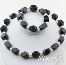 Wholesale White Freshwater Pearl and Aniseed Black Agate Set ( Necklace and Matched Bracelet )