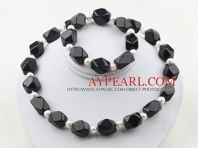 White Freshwater Pearl and Aniseed Black Agate Set ( Necklace and Matched Bracelet )