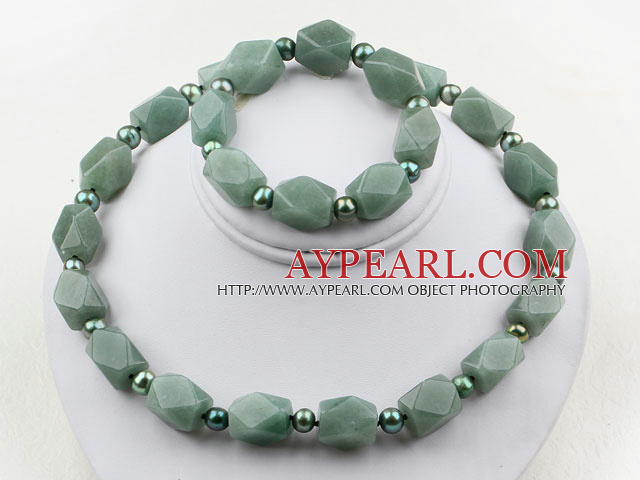 Dark Green Freshwater Pearl and Aniseed Aventurine Set ( Necklace and Matched Bracelet )