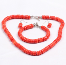 Popular Style Disc Shape Bright Red Coral Jewelry Set (Necklace with Matched Bracelet And Earrings)