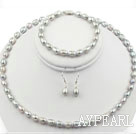 6-7mm Gary Color Rice Shape Freshwater Pearl Set ( Necklace Bracelet and Matched Earrings )