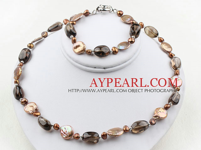Coin Pearl and Smoky Quartz Set ( Necklace and Matched Bracelet )