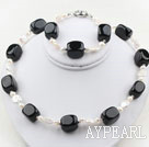 Wholesale White Coin Freshwater Pearl and Rounded Black Stone Set ( Necklace and Matched Bracelet )