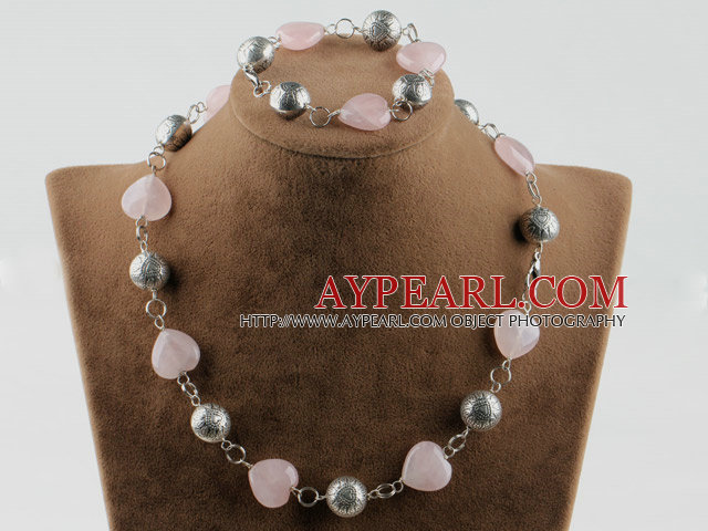 Heart shape rose quartz and tibet silver accessories set (necklace and matched bracelet)