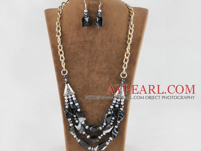 gray pearl crystal and Brazil agate necklace earrings set