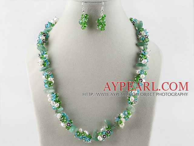 white pearl green crystal necklace earrings set