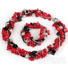 Multi Twisted Strands Red Coral Silver Beads And Crystal Sets (Necklace With Matched Bracelet)