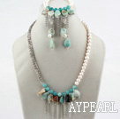 Wholesale New Deisgn White Freshwater Pearl and Amazon Stone Set(Necklace Bracelet and Matched Earrings)