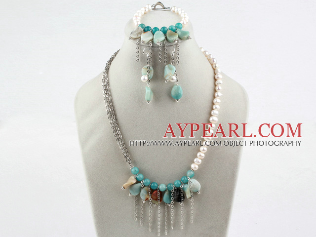 New Deisgn White Freshwater Pearl and Amazon Stone Set(Necklace Bracelet and Matched Earrings)