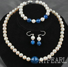 A Grade Round Natural White Freshwater Pearl and Blue Agate Set ( Necklace Bracelet and Matched Earrings )