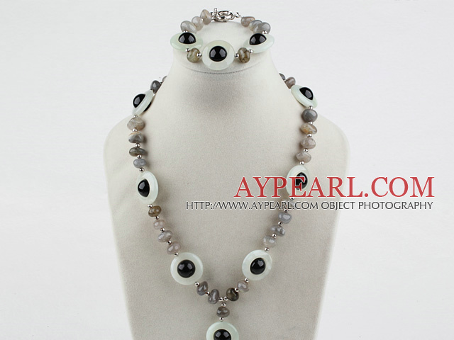 Flashing Stone and Serpentine Jade and Black Agate Set (Necklace and Matched Bracelet)
