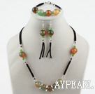 Red and Green Agate Set with Black Cord(Necklace Bracelet and Matched Earrings)