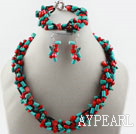 Wholesale Multi Strand Red Coral and Turquoise Set (Necklace Bracelet and Matched Earrings0