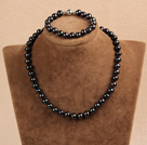 Graceful Hot Sale 9-10mm Natural Smooth Black Pearl Jewelry Set (Necklace & Bracelet)