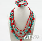 Wholesale Multi Strand Assorted Turquoise and Red Coral Set (Necklace and Matched Bracelet)