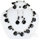 Wholesale Black Agate and Black Crystal Set with Metal Chain ( Necklace Bracelet and Matched Earrings)