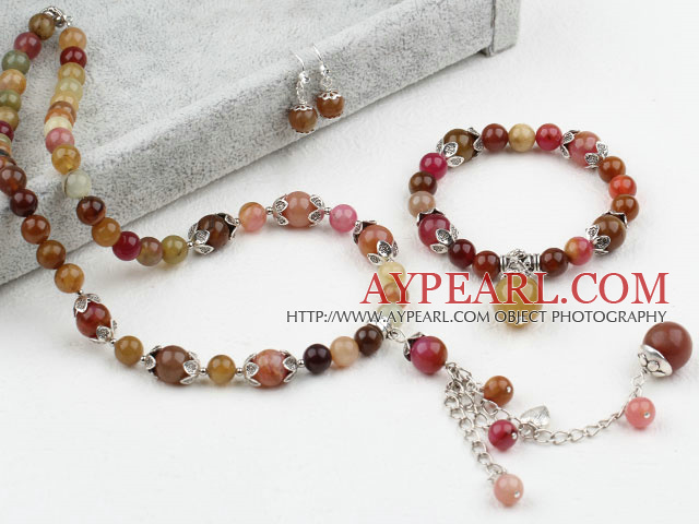 Three Colored Jade Set (Necklace Bracelet and Matched Earrings)