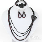 New Design Black FW Pearl and Black Stone with Butterfly Set (Necklace Bracelet and Matched Earrings)