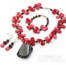 Wholesale Red Coral and Black Agate Set (Necklace Bracelet and Matched Earrings)