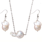 Simple Design Natural White Nuclear Pearl Set (Pendant Necklace With Matched Earrings)