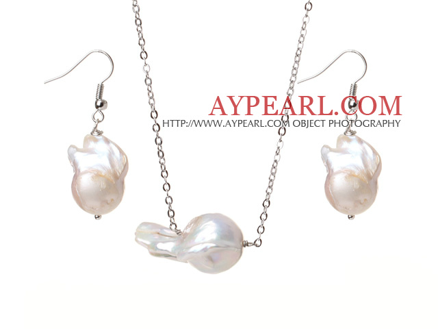 Simple Design Natural White Nuclear Pearl Set (Pendant Necklace With Matched Earrings)
