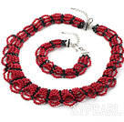 Multi Strands Red Coral and Black Crystal Set ( Collar Necklace and Matched Bracelet )