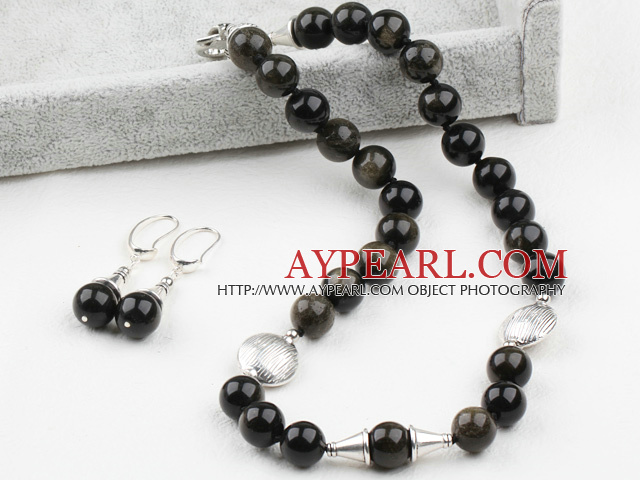 12mm Natural Obsidian Set ( Necklace and Matched Earrings )