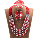 Glamorous 5 Layers Cute Pink Red Crystal Beads African Wedding Jewelry Set With Butterfly Accessory (Necklace With Mathced Bracelet And Earrings)