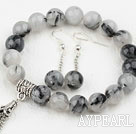Wholesale Classic Design Round Black Rutilated Quartz Elastic Beaded Bracelet with Matched Earrings