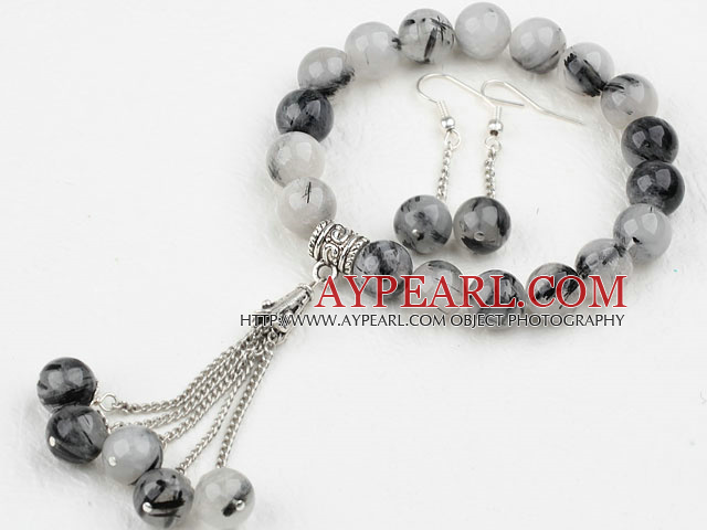 Classic Design Round Black Rutilated Quartz Elastic Beaded Bracelet with Matched Earrings