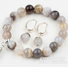 Classic Design Round Gray Agate Elastic Beaded Bracelet with Matched Earrings