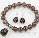 Wholesale Classic Design Round Natural Smoky Quartz Elastic Beaded Bracelet with Matched Earrings