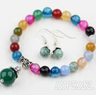 Classic Design Round Faceted Multi Color Agate Beaded Bracelet with Matched Earrings