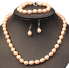Graceful Mother Gift 8-9mm Natural Pink Freshwater Pearl Jewelry Set (Necklace, Bracelet & Earrings)